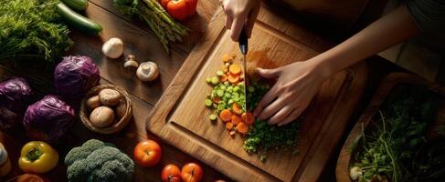 The art of chopping fresh vegetables for a healthy meal preparation. photo