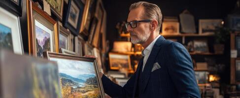 The man exploring an art gallery filled with exquisite paintings and frames. photo