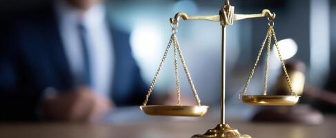 The scales of justice symbolizing law and fairness in a courtroom setting. photo