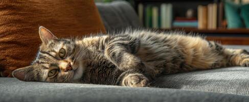The adorable cat lazily sprawled on a cozy sofa in a sunlit room. photo
