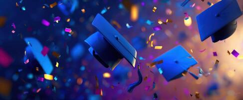 The flying graduation caps amidst a colorful confetti celebration. photo