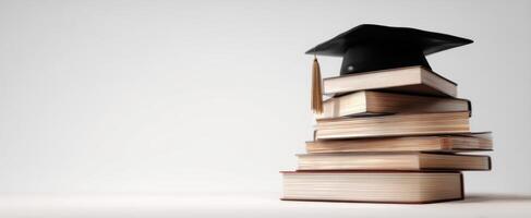 The graduation cap elegantly resting atop a stack of books. photo