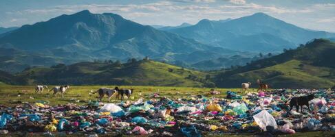 The striking contrast of mountains and garbage-filled landscape with roaming dogs. photo