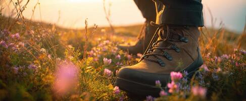 The hiking boots surrounded by colorful flowers on a beautiful sunset evening. photo