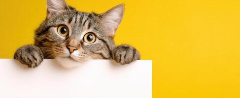 The curious cat peeking over a blank card against a cheerful yellow background. photo
