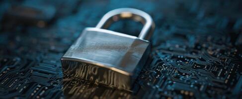 The Padlock on a Circuit Board Representing Digital Security and Protection photo