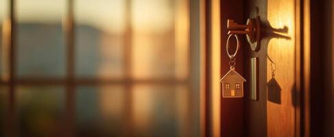 The key hanging in the sunlight by the door symbolizes a welcoming home. photo