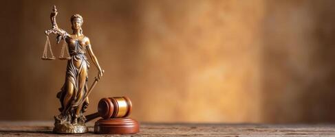 The elegant statue of Lady Justice with scales and gavel on wooden table photo