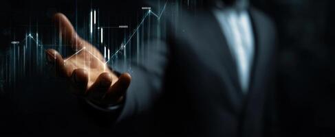 The business professional showcasing data visualization with upward trends. photo
