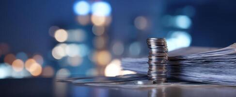 The stack of coins beside financial documents on a desk at night photo