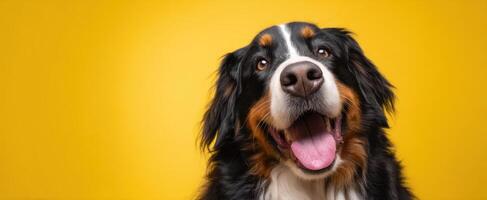 The adorable Bernese Mountain Dog smiling against a bright yellow background. photo