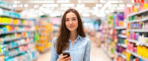 The young woman shopping in a grocery store while using her smartphone. photo