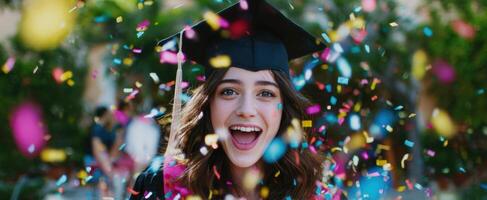 The joyful graduate celebrating her achievement with colorful confetti in the air. photo