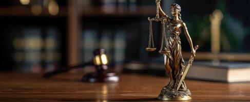 The Lady Justice Statue With Gavel and Law Books in a Law Office Setting. photo