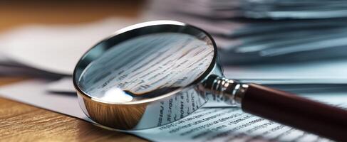 The magnifying glass focuses on detailed text within the paperwork. photo