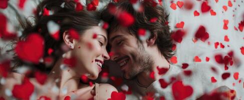 The joyful couple surrounded by heart confetti celebrating their love. photo