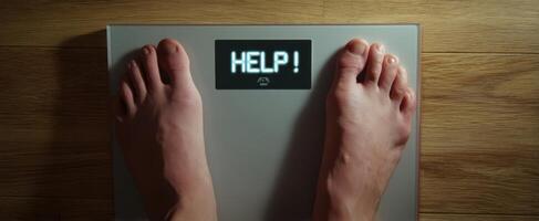 The digital scale displaying 'HELP' with feet on it. photo