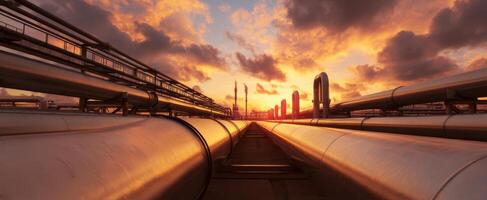 The panoramic view of pipelines under a dramatic sunset sky photo