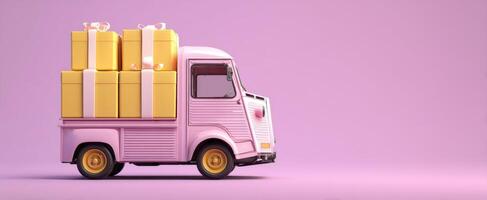 The charming pink delivery truck filled with colorful gift boxes. photo