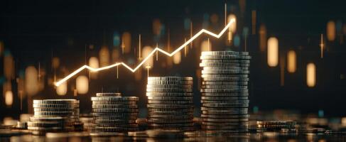 The coins demonstrating upward financial growth through a dynamic chart. photo
