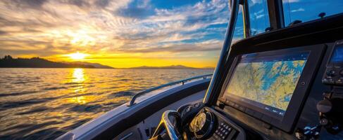 The boat's dashboard displaying navigation during a stunning sunset over the ocean. photo