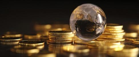 The transparent globe resting on a pile of shiny gold coins photo