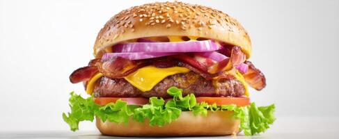 The mouthwatering burger topped with bacon, cheese, and fresh vegetables ready to enjoy. photo