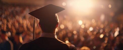 The graduate stands proudly before a cheering crowd at a graduation ceremony. photo