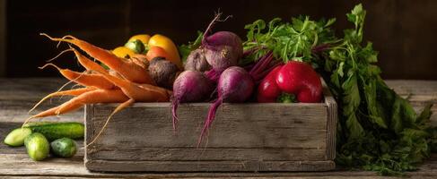 The vibrant assortment of fresh vegetables in a rustic wooden crate photo