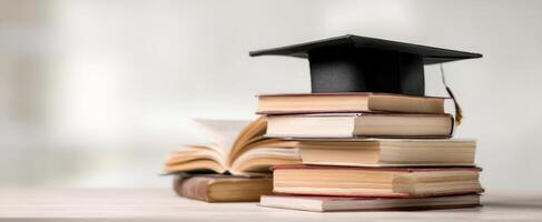 The graduation cap resting on a stack of books symbolizes academic achievement. photo