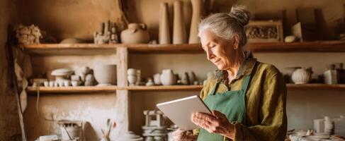 The elderly artisan using a tablet in her cozy pottery workshop. photo