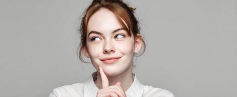 The thoughtful woman displaying a playful smile in a minimalistic setting. photo