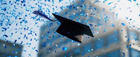 The graduation cap soaring through a joyful confetti celebration. photo