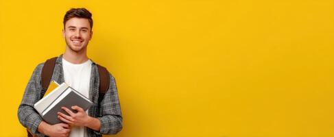 The smiling student holding books against a vibrant yellow backdrop. photo
