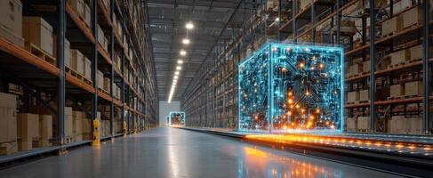 The Futuristic Warehouse Featuring High-Tech Digital Packages and Automated Systems photo