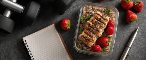 The nutritious meal prep featuring grilled chicken and fresh strawberries for fitness lovers. photo