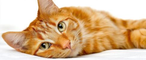 The adorable orange cat relaxing on a soft surface with a serene gaze. photo