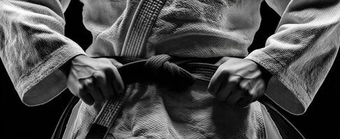 The martial artist adjusting their black belt in a focused manner. photo