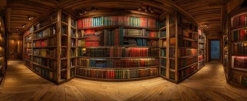 The inviting wooden library filled with colorful books and warm lighting. photo