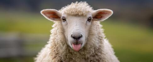 The adorable sheep sticking out its tongue in a serene rural setting. photo