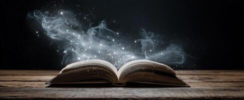 The magical book emanating ethereal light and enchanting illusions. photo