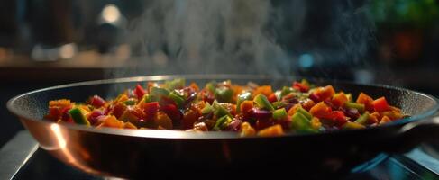 A pan filled with vegetables cooking on the stove photo