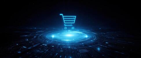 The glowing shopping cart icon symbolizing modern e-commerce technology in a digital world. photo
