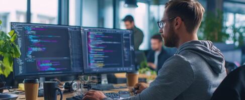 The programmer working diligently at a modern workspace with multiple screens. photo