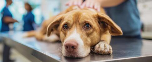 The concerned dog receiving care at a veterinary clinic from attentive professionals. photo