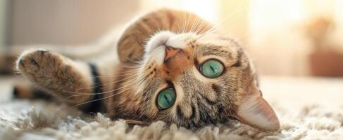 The relaxing tabby cat enjoying a warm, cozy afternoon at home. photo