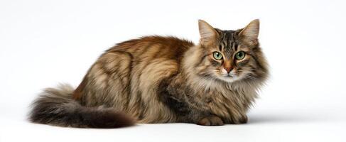The beautiful fluffy cat resting gracefully in a studio setting. photo