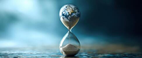 The hourglass featuring Earth symbolizing the passage of time and environmental awareness. photo