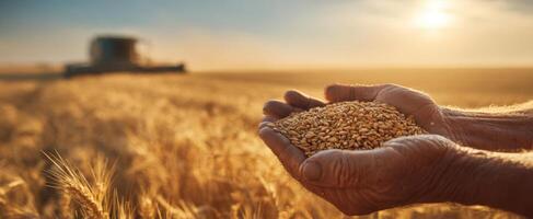The Hands Holding Wheat Grains in a Golden Sunset Field photo