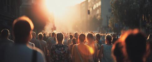 The bustling urban crowd illuminated by golden sunlight at sunset. photo